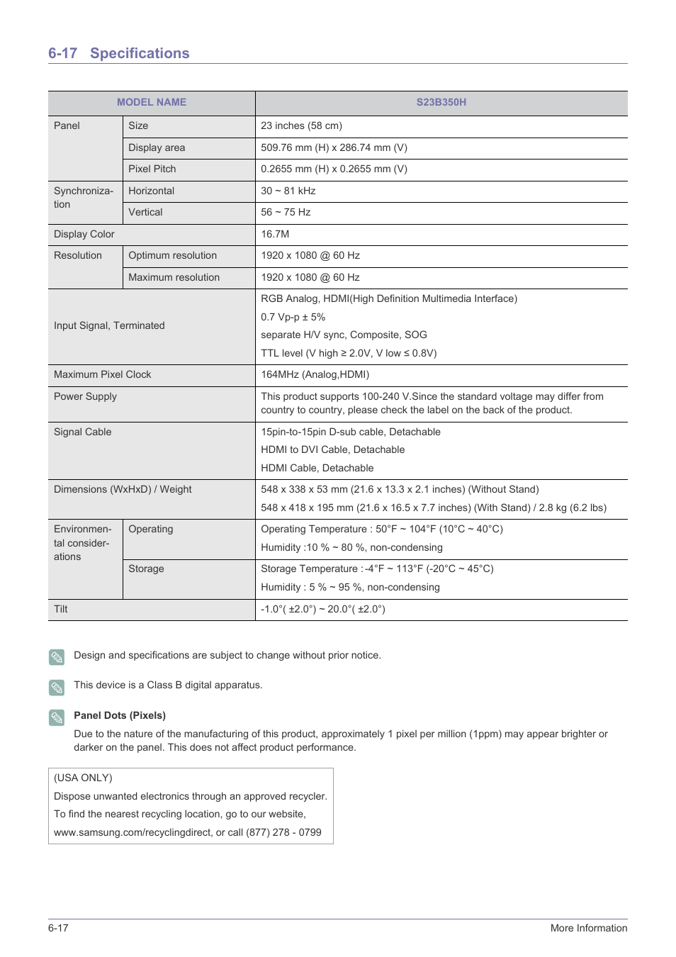 17 specifications, Specifications -17 | Samsung LS22B350HS-ZA User Manual | Page 71 / 89