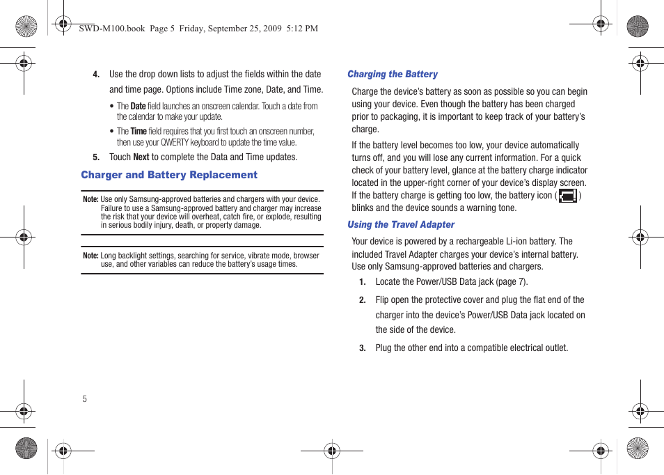 Charger and battery replacement | Samsung SWD-M100ZKECLW User Manual | Page 10 / 128