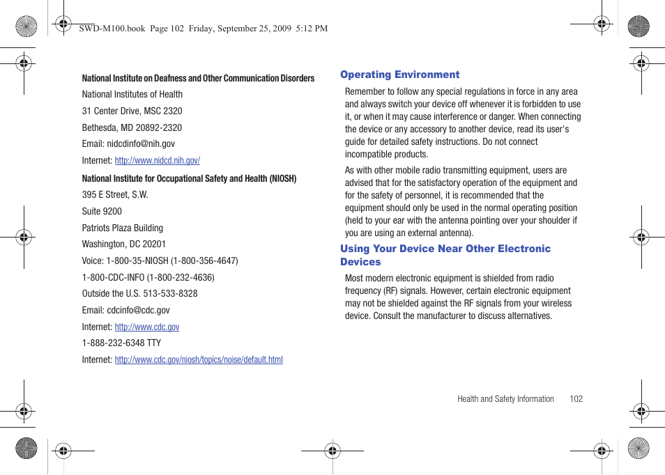 Operating environment, Using your device near other electronic devices | Samsung SWD-M100ZKECLW User Manual | Page 107 / 128