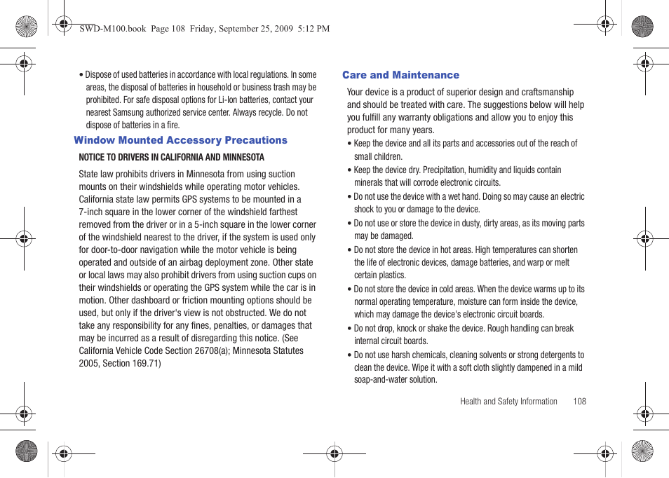 Window mounted accessory precautions, Care and maintenance | Samsung SWD-M100ZKECLW User Manual | Page 113 / 128