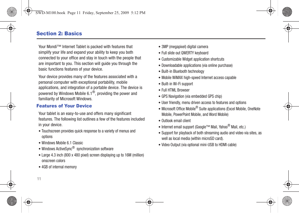 Section 2: basics, Features of your device | Samsung SWD-M100ZKECLW User Manual | Page 16 / 128