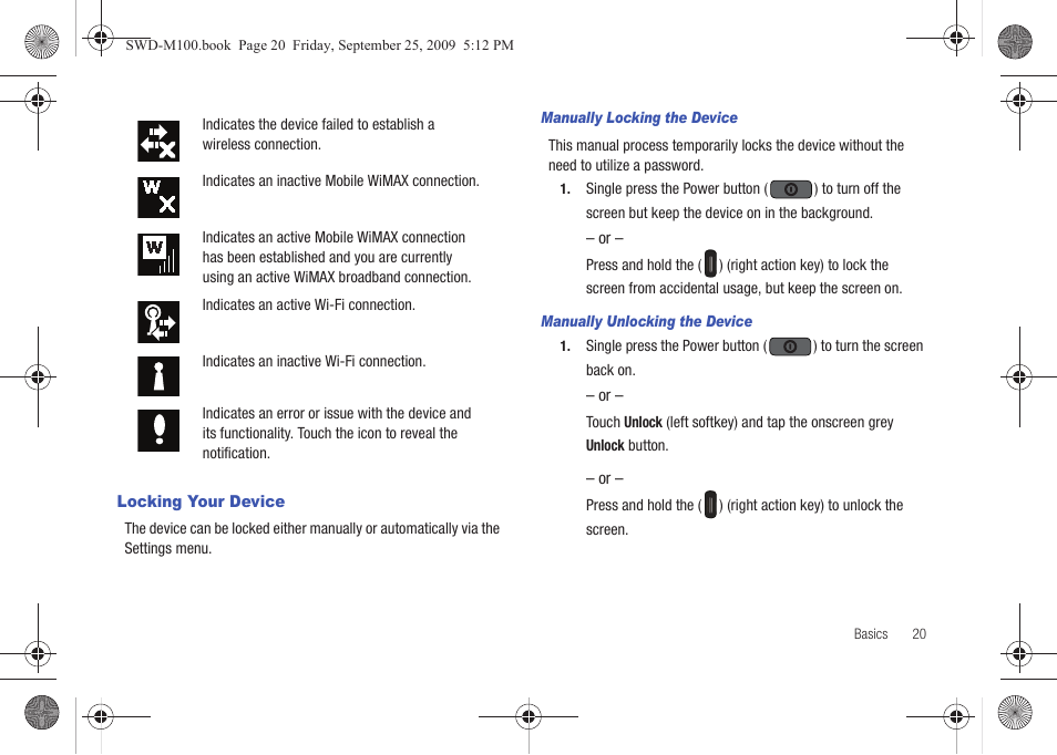 Locking your device | Samsung SWD-M100ZKECLW User Manual | Page 25 / 128