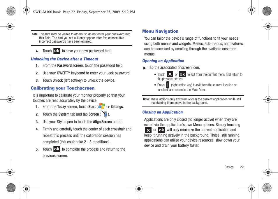 Calibrating your touchscreen, Menu navigation, Calibrating your touchscreen menu navigation | Samsung SWD-M100ZKECLW User Manual | Page 27 / 128