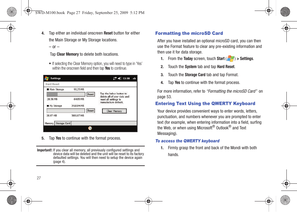 Formatting the microsd card, Entering text using the qwerty keyboard | Samsung SWD-M100ZKECLW User Manual | Page 32 / 128