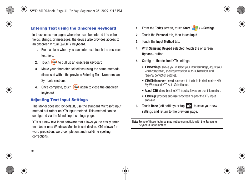 Entering text using the onscreen keyboard, Adjusting text input settings | Samsung SWD-M100ZKECLW User Manual | Page 36 / 128