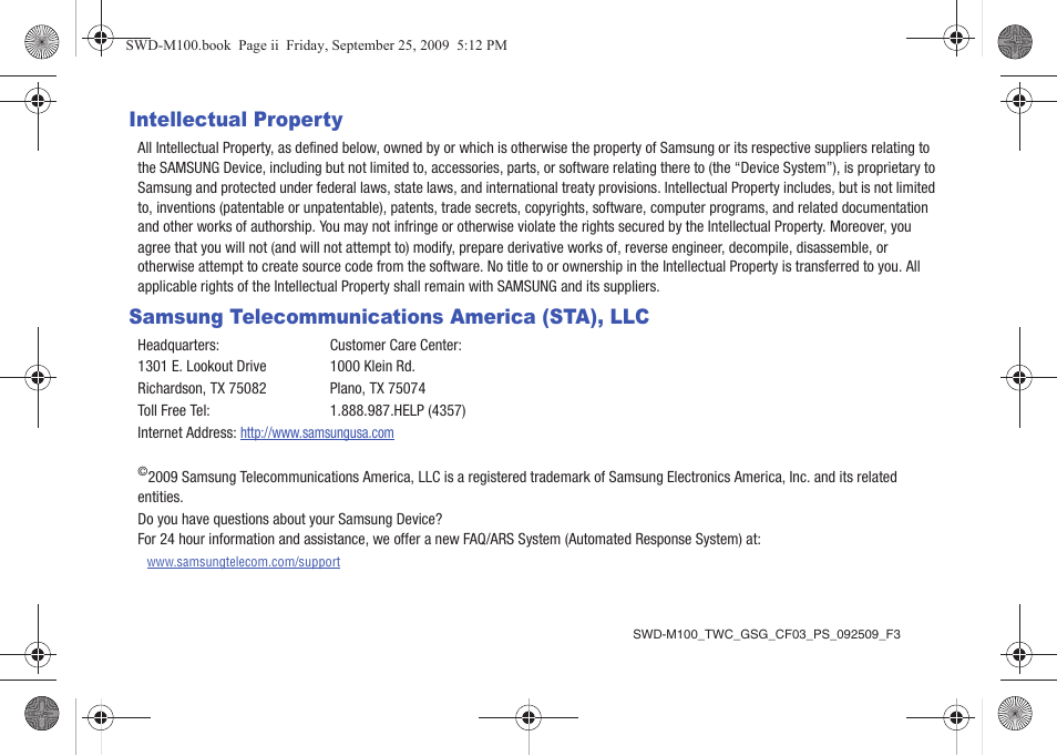 Intellectual property, Samsung telecommunications america (sta), llc | Samsung SWD-M100ZKECLW User Manual | Page 4 / 128