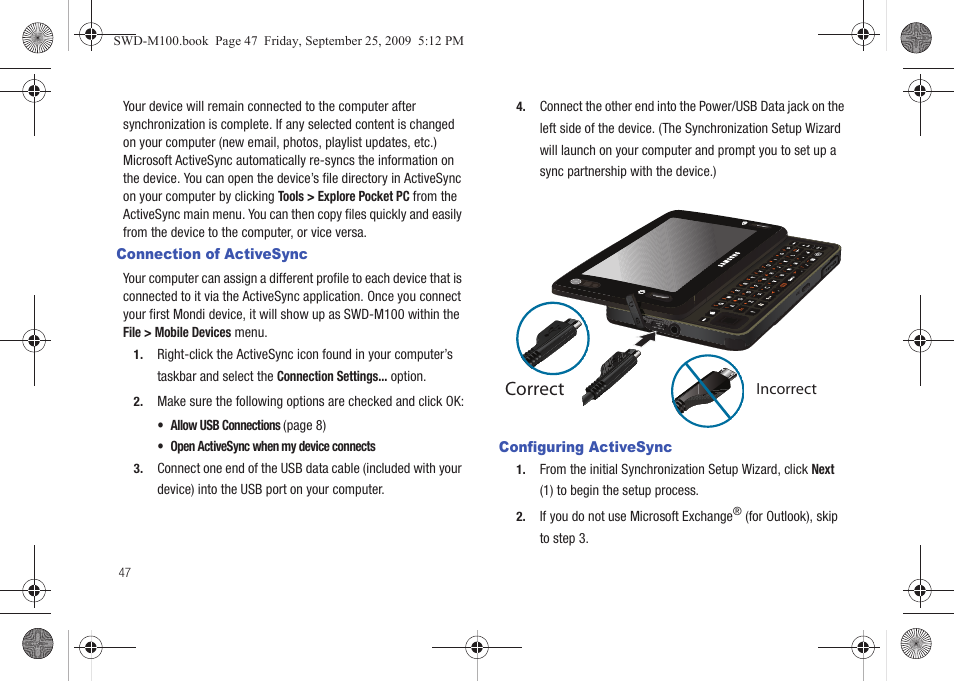 Connection of activesync, Configuring activesync, Connection of activesync configuring activesync | Correct | Samsung SWD-M100ZKECLW User Manual | Page 52 / 128