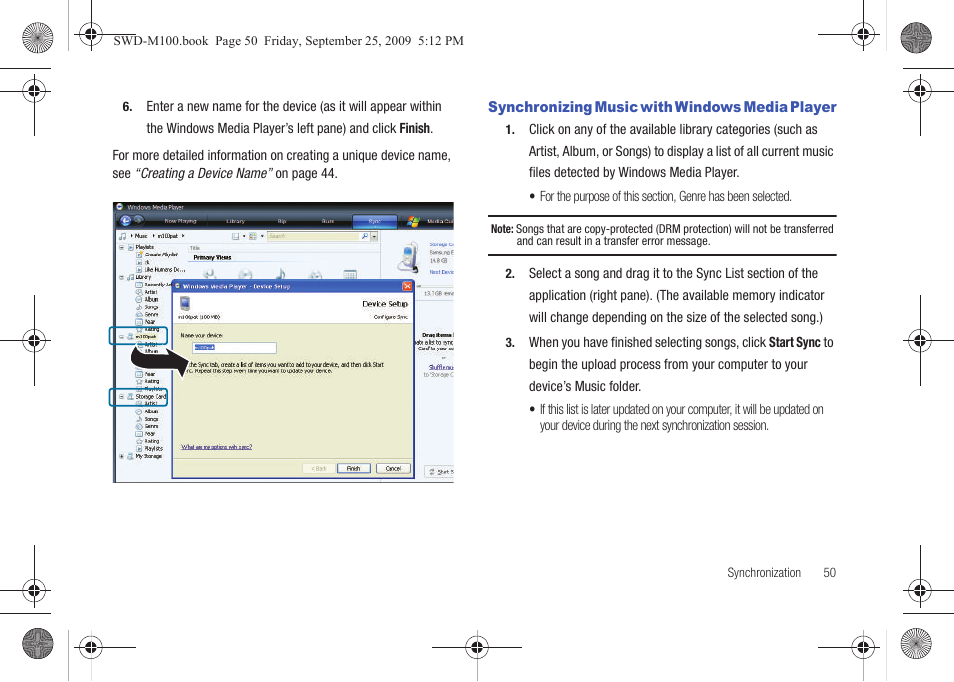 Synchronizing music with windows media player | Samsung SWD-M100ZKECLW User Manual | Page 55 / 128