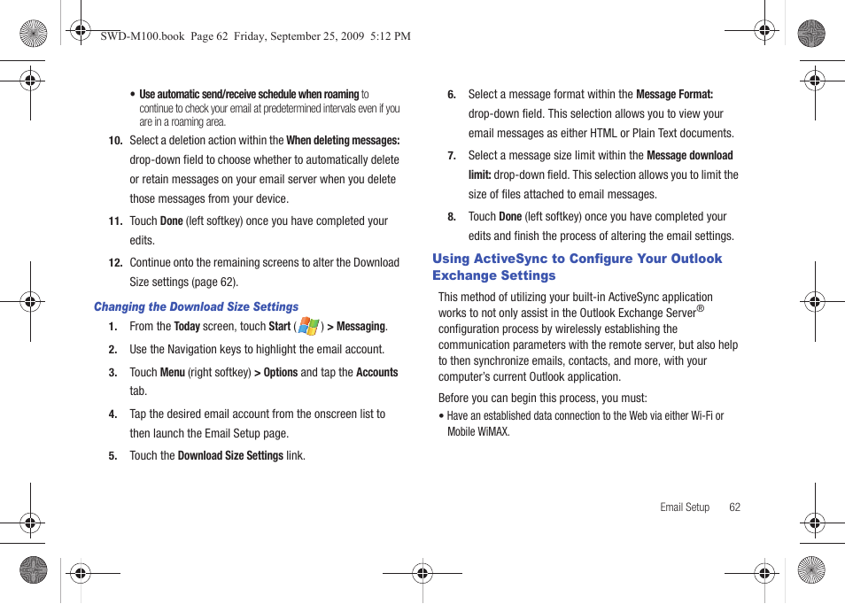 Using activesync to configure your outlook, Exchange settings | Samsung SWD-M100ZKECLW User Manual | Page 67 / 128