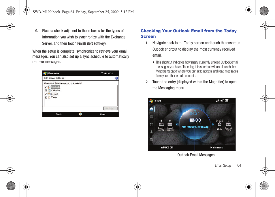 Checking your outlook email from the today screen | Samsung SWD-M100ZKECLW User Manual | Page 69 / 128