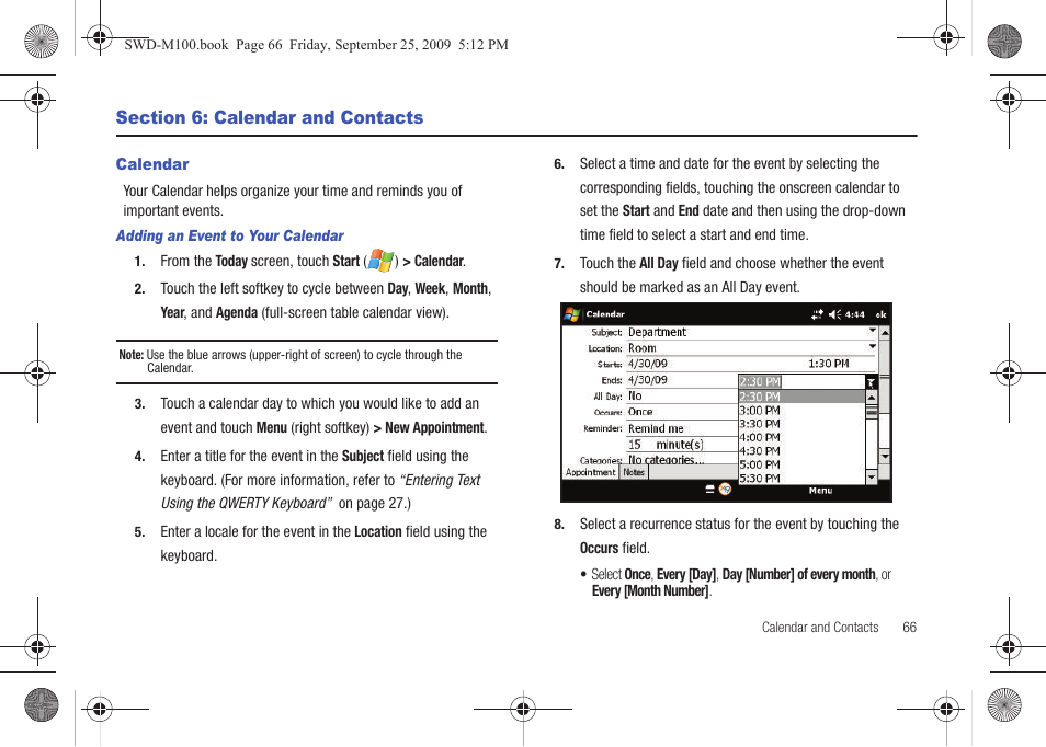 Section 6: calendar and contacts, Calendar | Samsung SWD-M100ZKECLW User Manual | Page 71 / 128