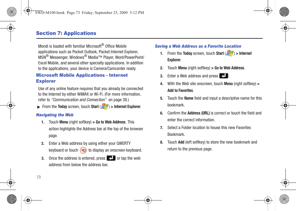 Section 7: applications, Microsoft mobile applications - internet explorer | Samsung SWD-M100ZKECLW User Manual | Page 78 / 128