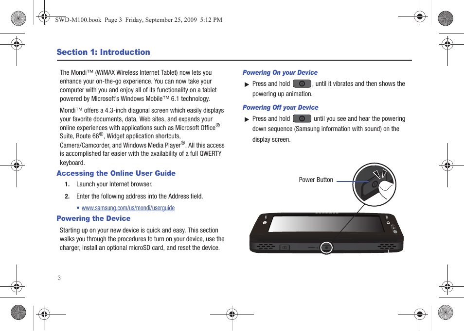 Section 1: introduction, Accessing the online user guide, Powering the device | Samsung SWD-M100ZKECLW User Manual | Page 8 / 128