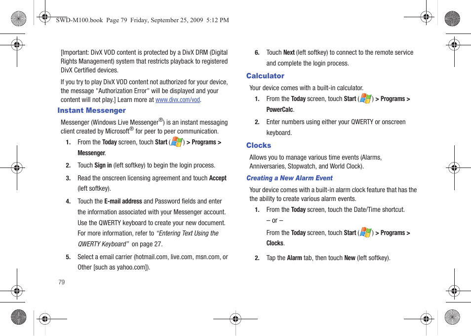 Instant messenger, Calculator, Clocks | Instant messenger calculator clocks | Samsung SWD-M100ZKECLW User Manual | Page 84 / 128