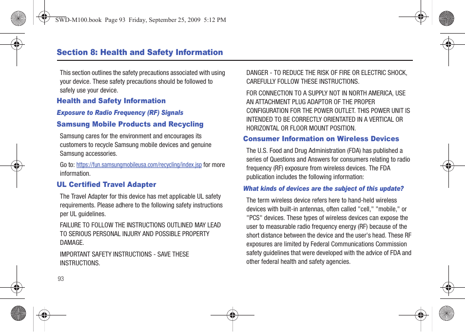 Section 8: health and safety information, Health and safety information, Samsung mobile products and recycling | Ul certified travel adapter, Consumer information on wireless devices | Samsung SWD-M100ZKECLW User Manual | Page 98 / 128