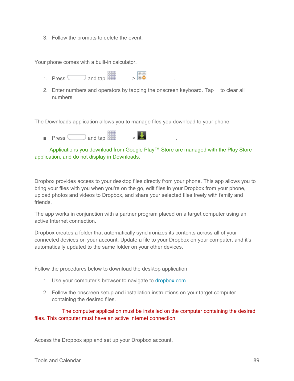 Calculator, Downloads, Dropbox | Download the desktop application, Access dropbox on your phone | Samsung SPH-L710RWPSPR User Manual | Page 100 / 157