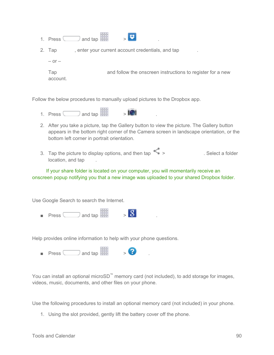 Upload a picture to dropbox, Google search, Help | Microsd card, Install a microsd card | Samsung SPH-L710RWPSPR User Manual | Page 101 / 157