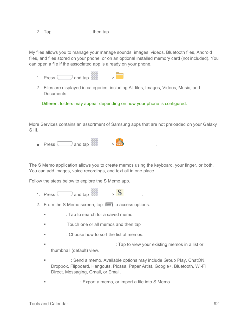 My files, More services, S memo | Samsung SPH-L710RWPSPR User Manual | Page 103 / 157