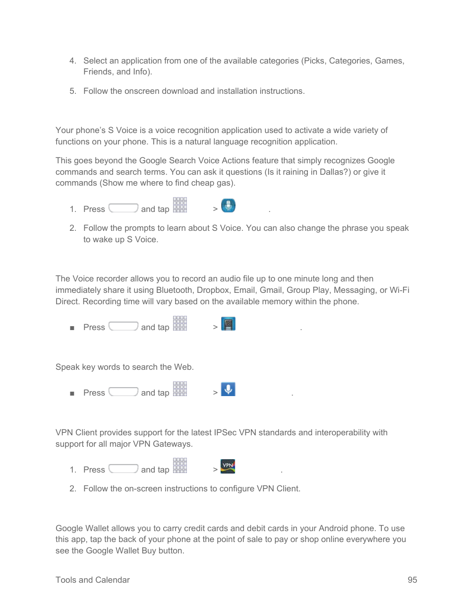 S voice, Voice recorder, Voice search | Vpn client, Wallet | Samsung SPH-L710RWPSPR User Manual | Page 106 / 157