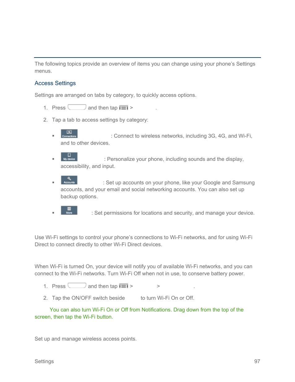 Settings, Wi-fi settings, Turn wi-fi on or off | Configure wi-fi settings | Samsung SPH-L710RWPSPR User Manual | Page 108 / 157
