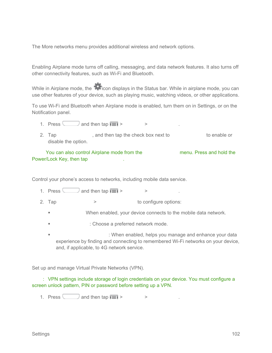 More networks settings, Airplane mode, Mobile networks | Samsung SPH-L710RWPSPR User Manual | Page 113 / 157