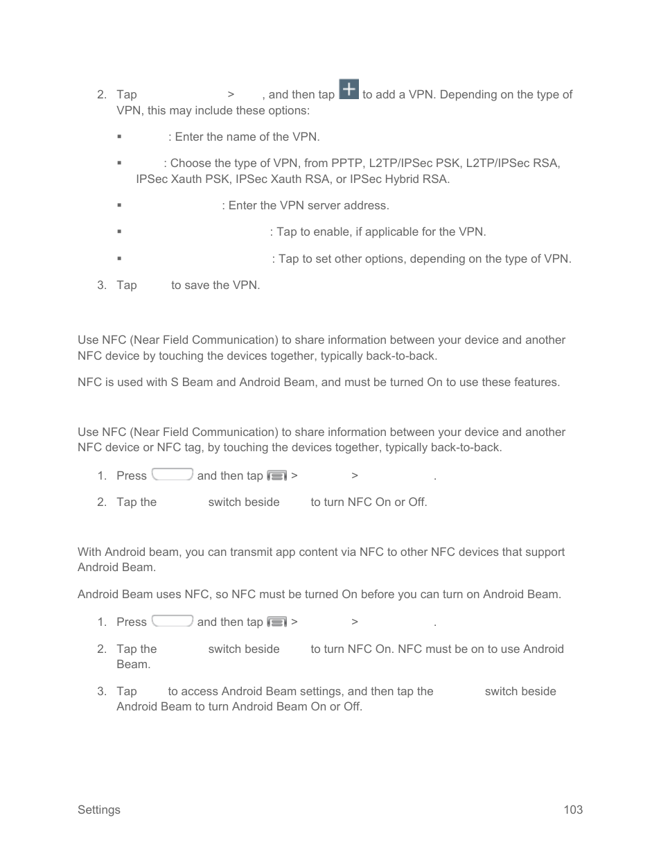 Nfc settings, Turn nfc on or off, Android beam | Samsung SPH-L710RWPSPR User Manual | Page 114 / 157