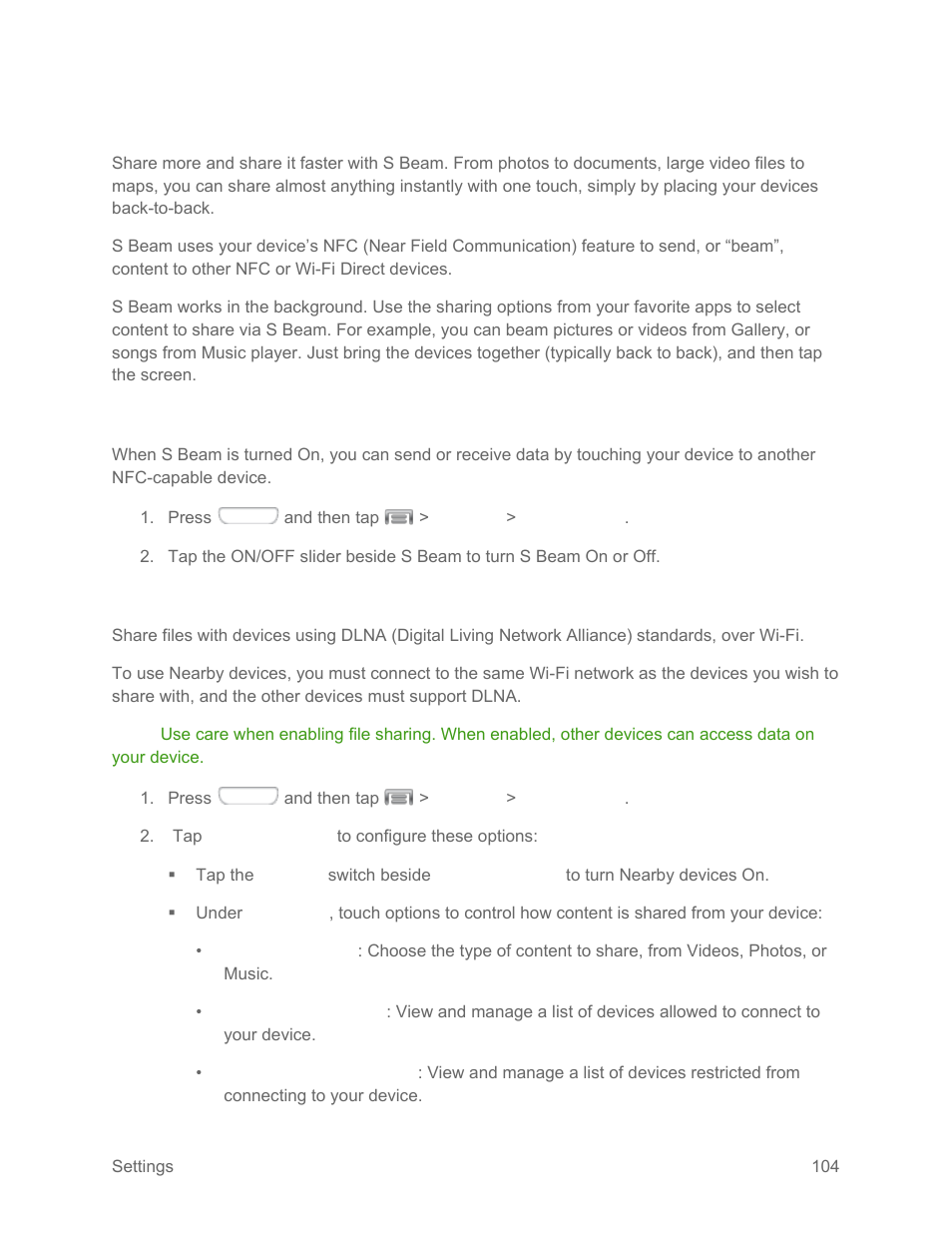 S beam settings, Turn s beam on or off, Nearby devices | Samsung SPH-L710RWPSPR User Manual | Page 115 / 157