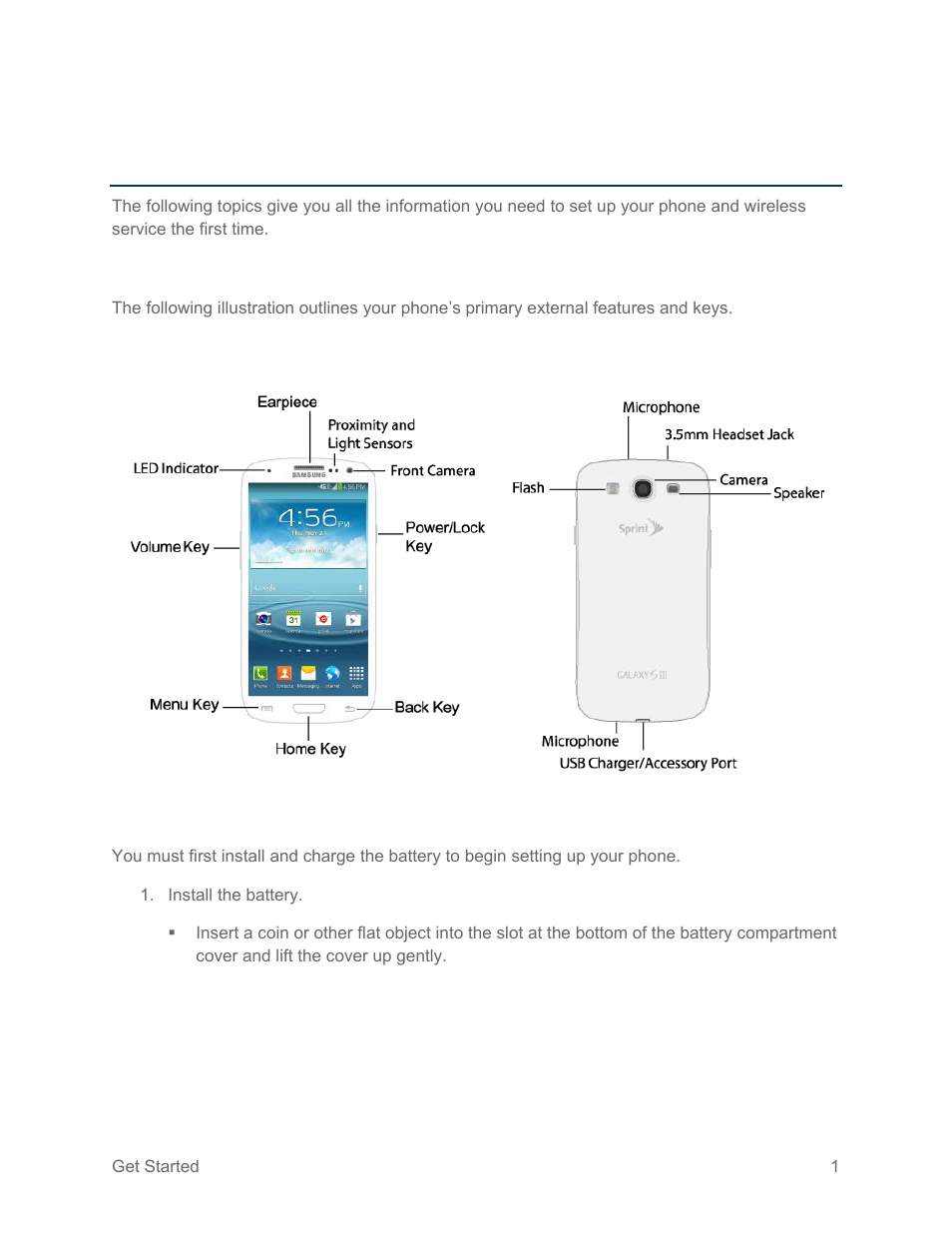Get started, Your phone at a glance, Set up your phone | Samsung SPH-L710RWPSPR User Manual | Page 12 / 157