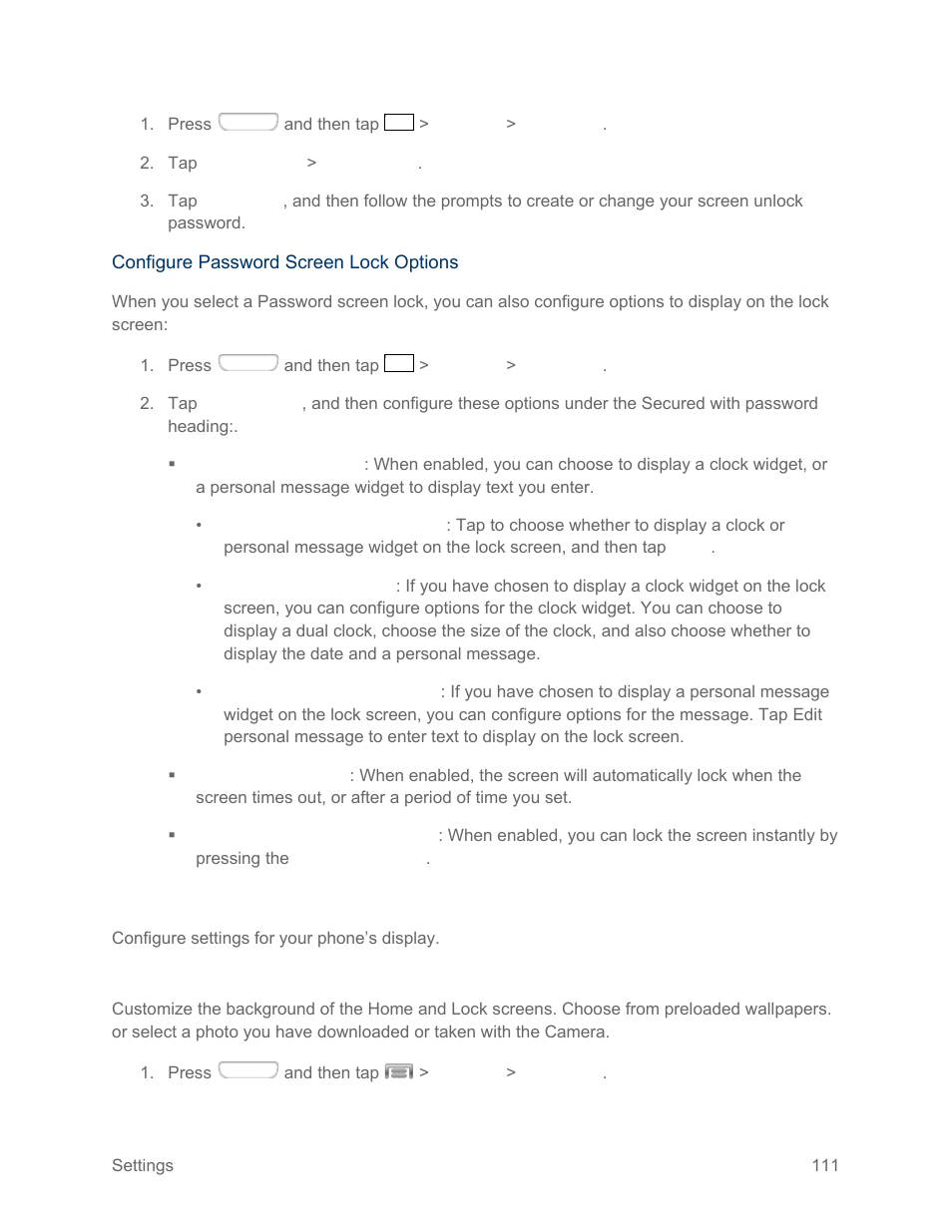 Display settings, Wallpaper | Samsung SPH-L710RWPSPR User Manual | Page 122 / 157