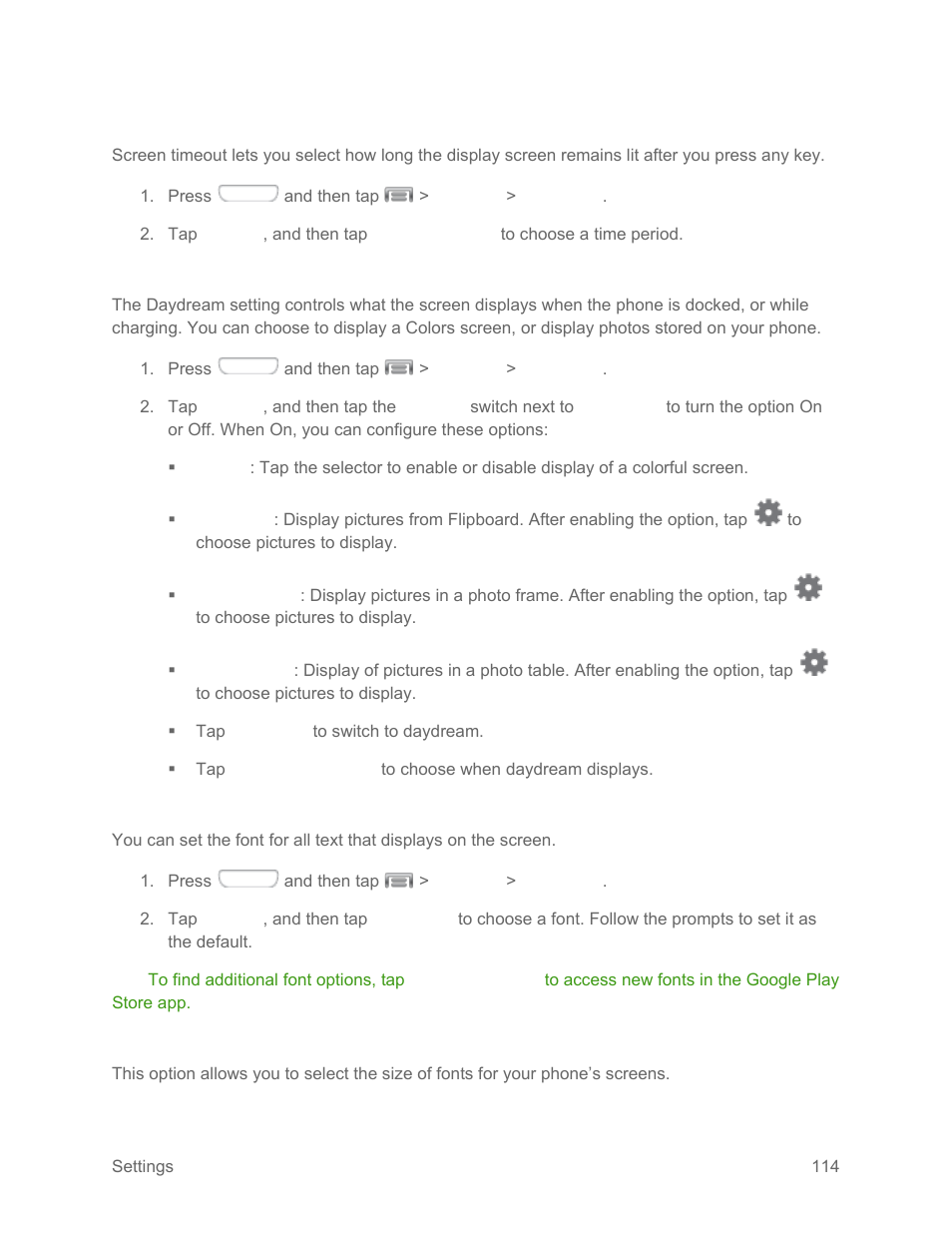Screen timeout, Daydream, Font style | Font size, Screen, Timeout | Samsung SPH-L710RWPSPR User Manual | Page 125 / 157