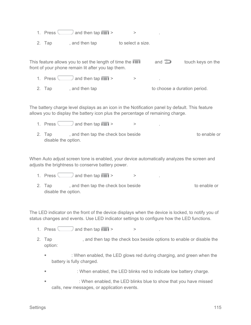 Touch key light duration, Display battery percentage, Auto adjust screen tone | Led indicator settings | Samsung SPH-L710RWPSPR User Manual | Page 126 / 157