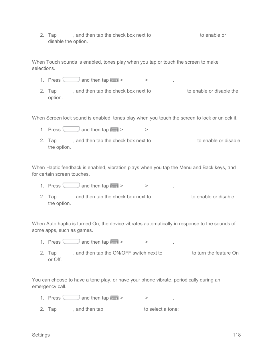 Touch sounds, Screen lock sound, Haptic feedback | Auto haptic, Emergency tone | Samsung SPH-L710RWPSPR User Manual | Page 129 / 157