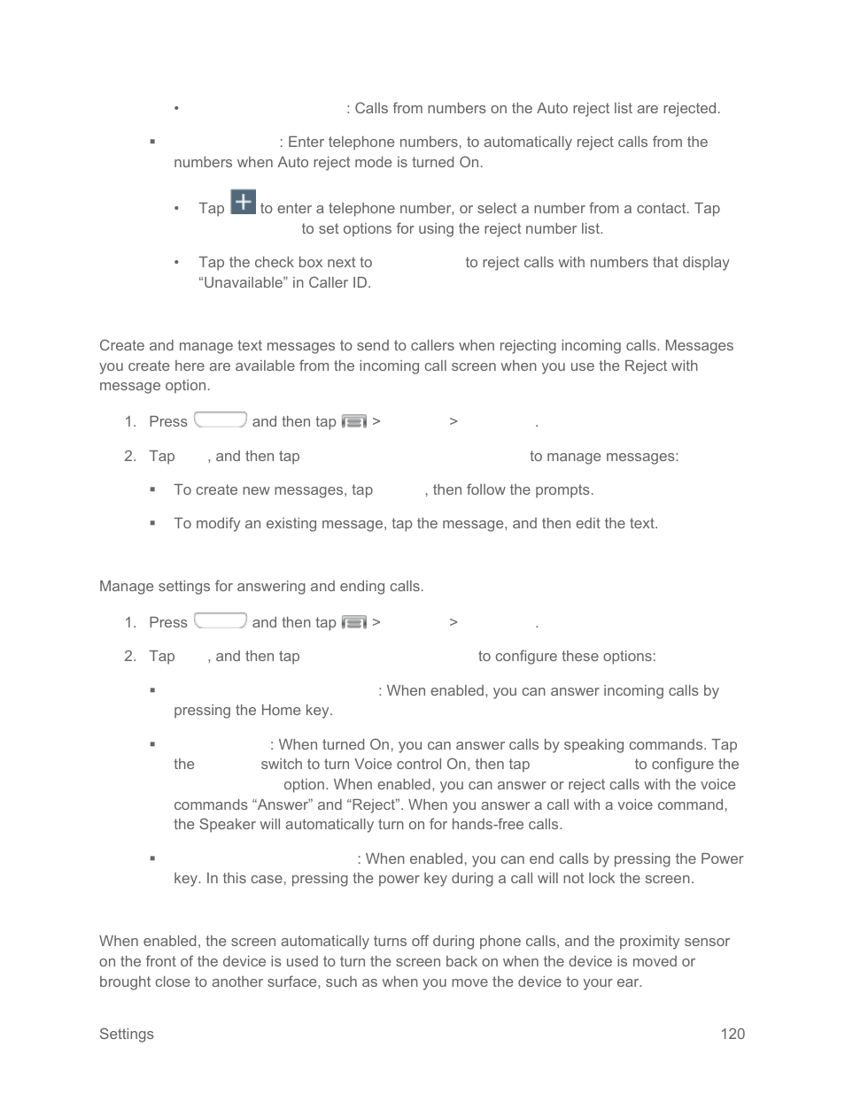 Set up call rejection messages, Answering/ending calls, Turn off screen during calls | Samsung SPH-L710RWPSPR User Manual | Page 131 / 157