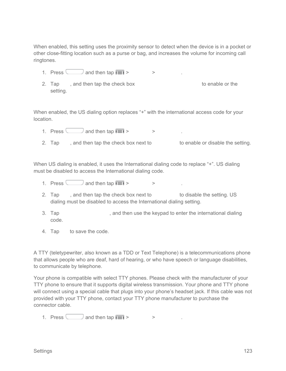 Increase volume in pocket, Us dialing, International dialing | Tty mode | Samsung SPH-L710RWPSPR User Manual | Page 134 / 157