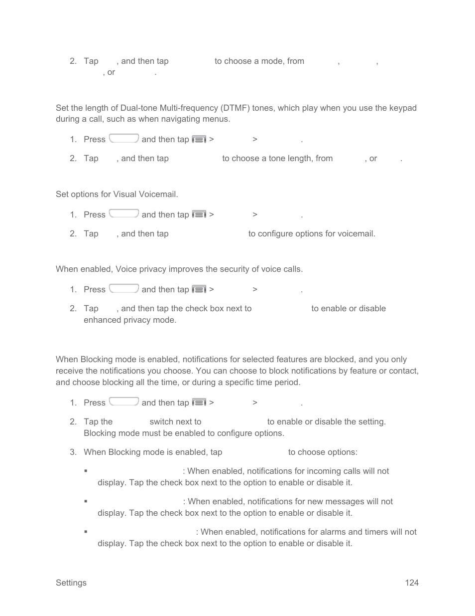 Dtmf tones, Voicemail settings, Voice privacy | Blocking mode settings | Samsung SPH-L710RWPSPR User Manual | Page 135 / 157