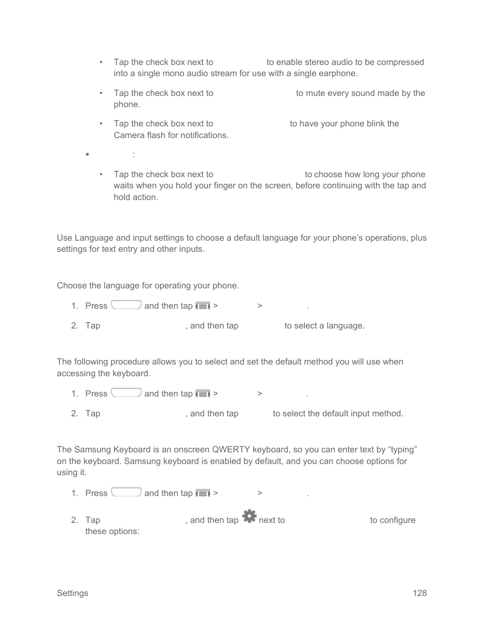 Language and input settings, Choose a default language, Set a default input method | Samsung keyboard, Google voice typing, Samsung, Keyboard | Samsung SPH-L710RWPSPR User Manual | Page 139 / 157