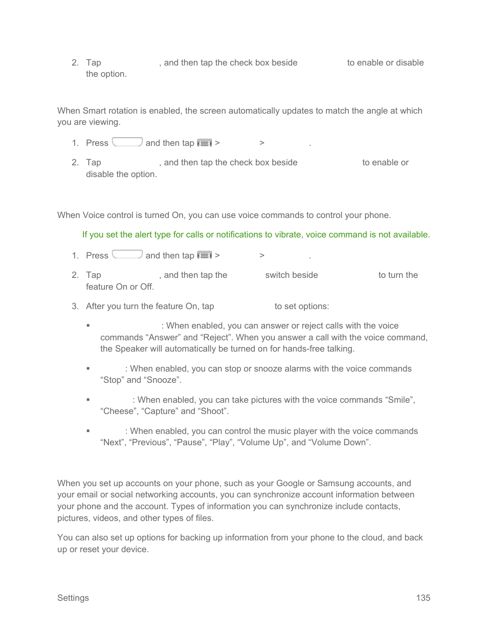 Smart rotation, Voice control settings, Accounts settings | Samsung SPH-L710RWPSPR User Manual | Page 146 / 157