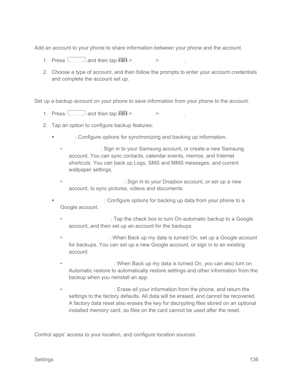 Add an account, Backup options, Location services settings | Samsung SPH-L710RWPSPR User Manual | Page 147 / 157