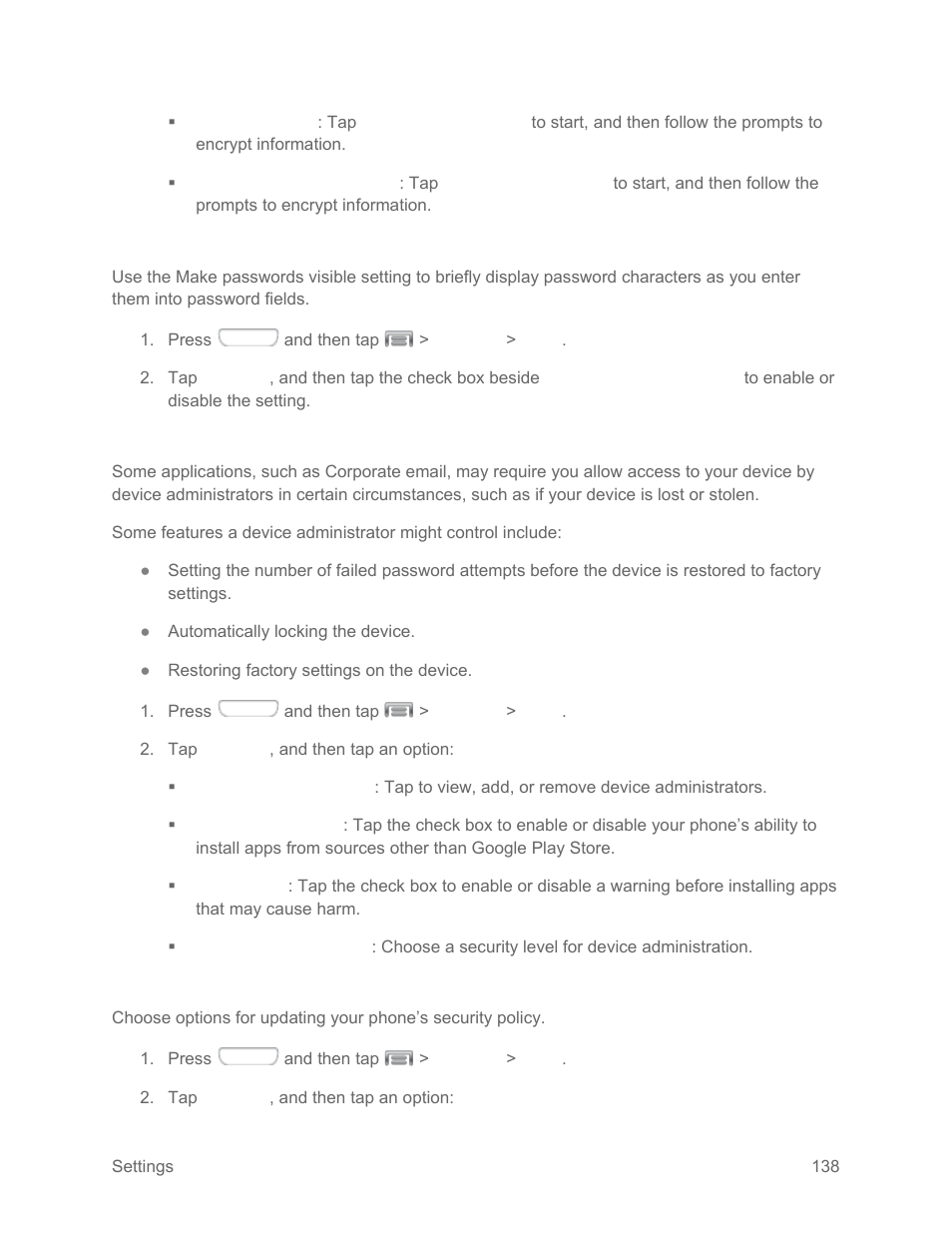 Passwords, Device administration, Security update service | Samsung SPH-L710RWPSPR User Manual | Page 149 / 157