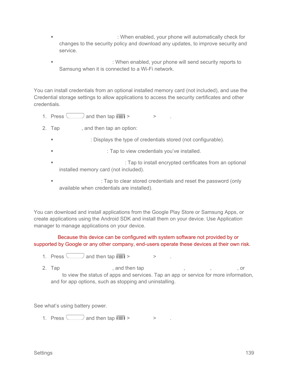 Credential storage, Application manager settings, Battery settings | Samsung SPH-L710RWPSPR User Manual | Page 150 / 157