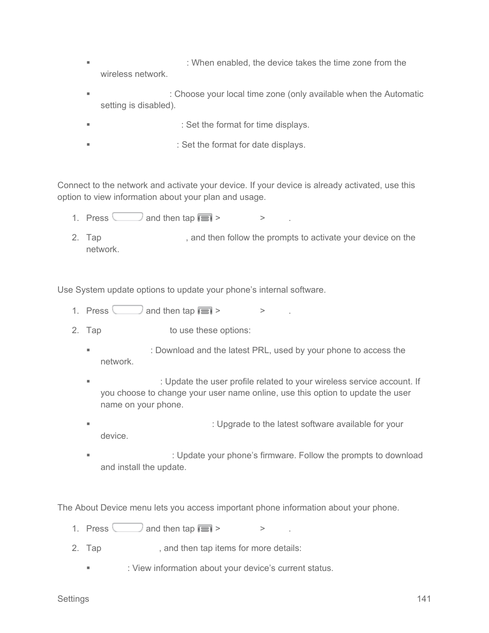 Activate this device, System update settings, About device settings | Samsung SPH-L710RWPSPR User Manual | Page 152 / 157