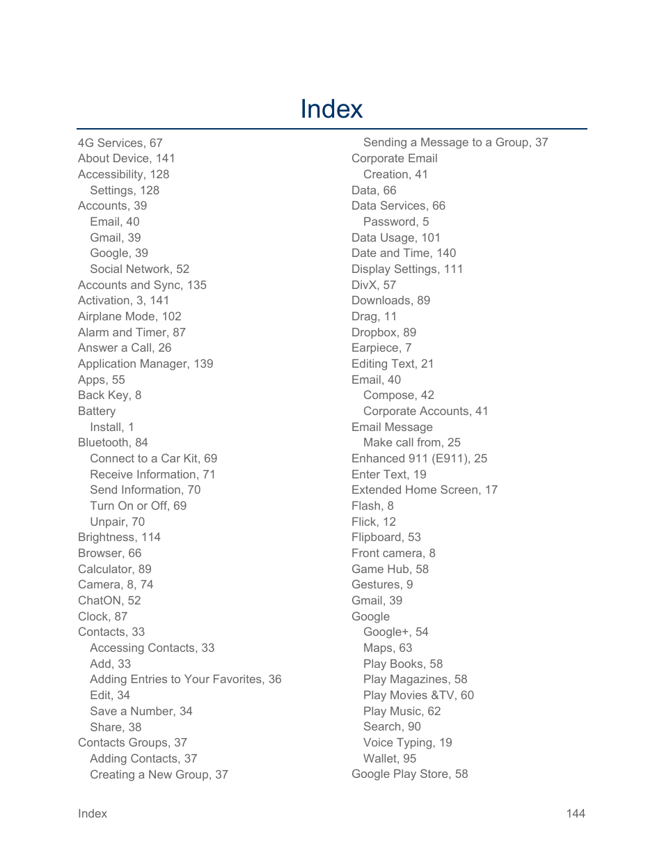 Index | Samsung SPH-L710RWPSPR User Manual | Page 155 / 157