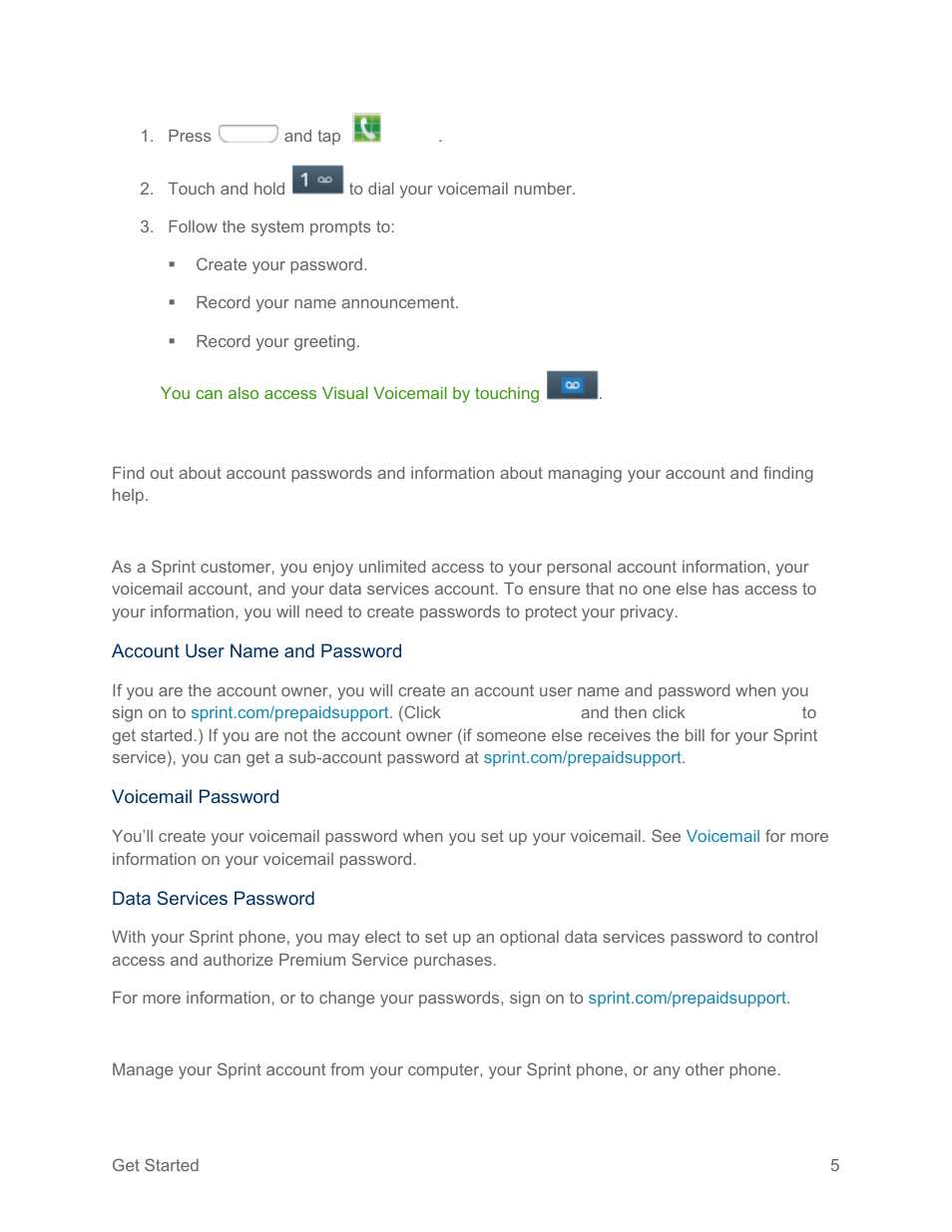 Sprint account information and help, Sprint account passwords, Manage your account | Samsung SPH-L710RWPSPR User Manual | Page 16 / 157