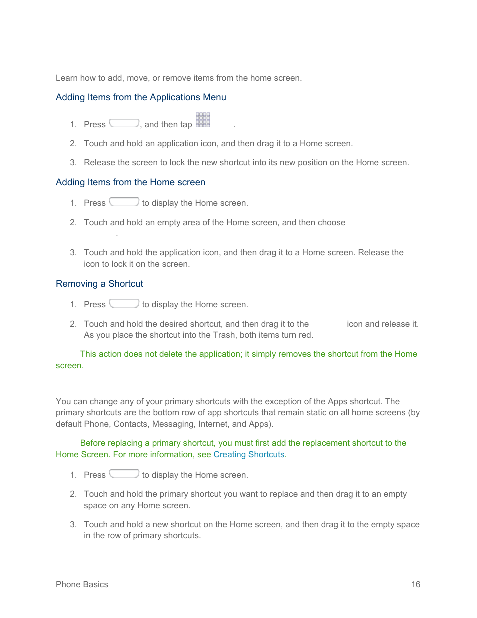 Creating shortcuts, Adding and removing primary shortcuts | Samsung SPH-L710RWPSPR User Manual | Page 27 / 157