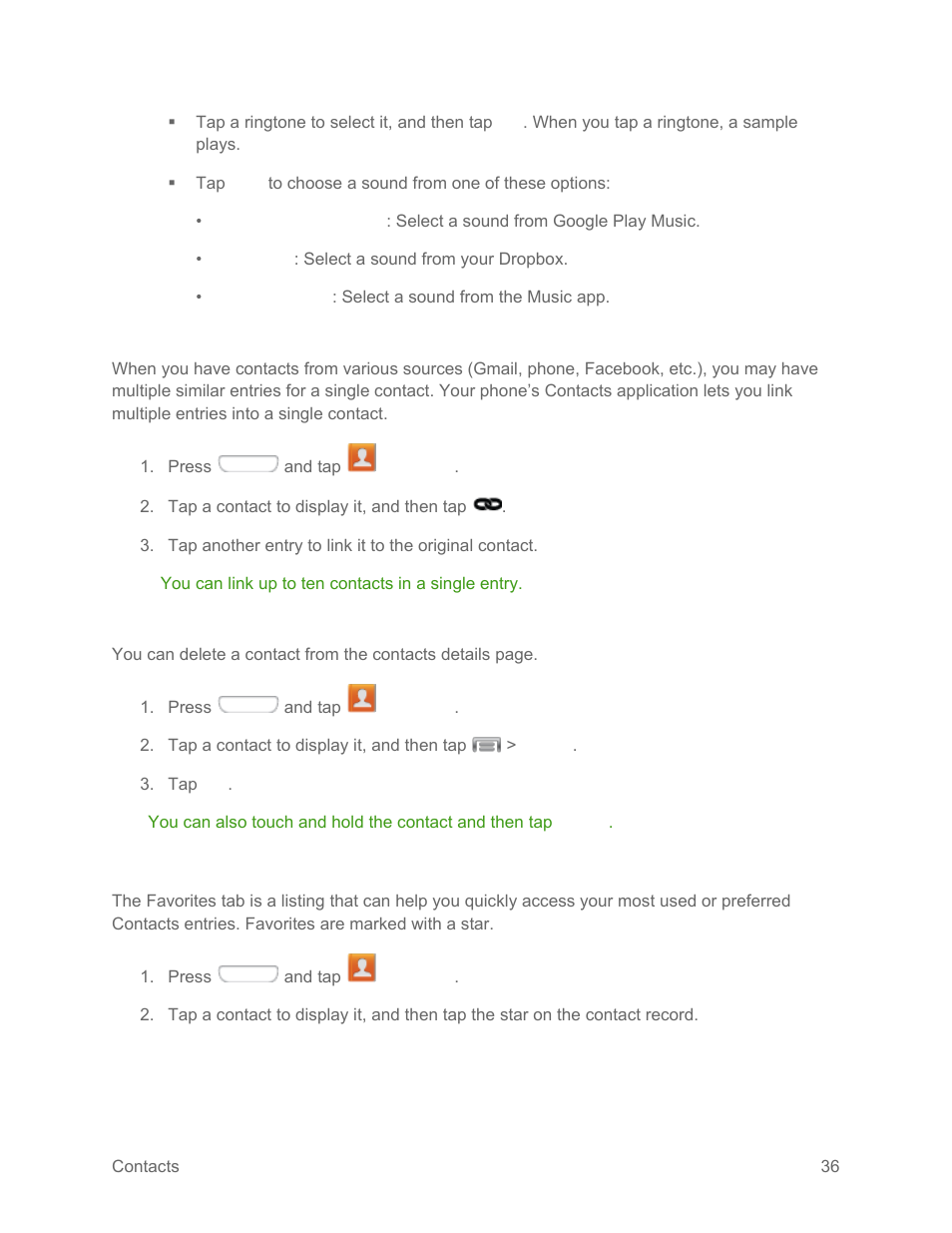 Link a contact, Delete a contact, Add entries to your favorites | Samsung SPH-L710RWPSPR User Manual | Page 47 / 157