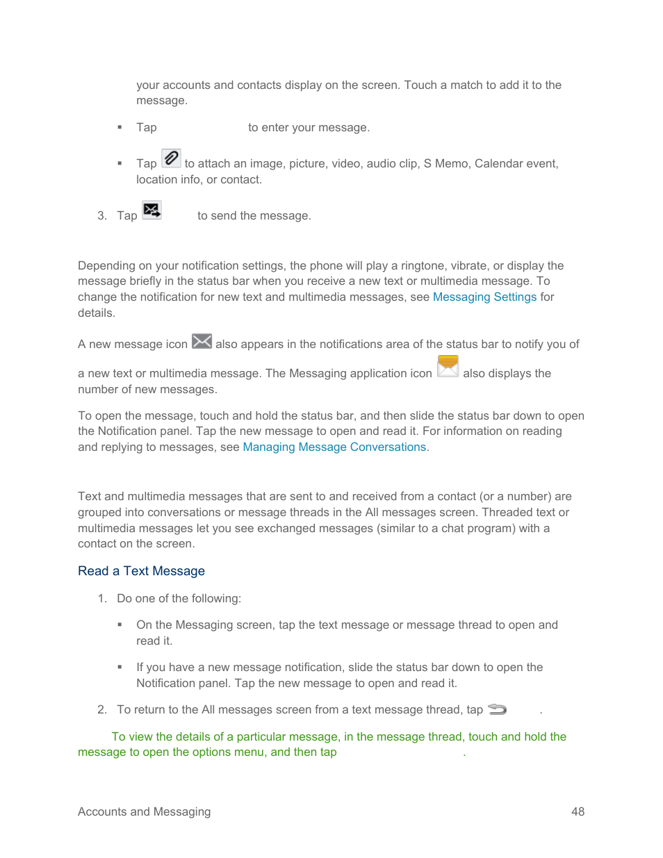 New messages notification, Managing message conversations | Samsung SPH-L710RWPSPR User Manual | Page 59 / 157