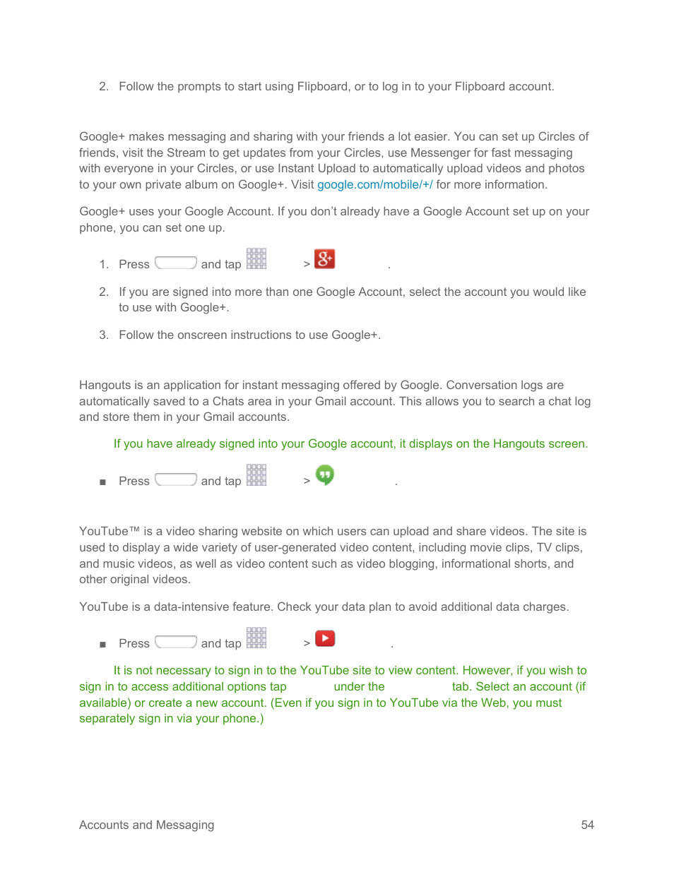 Google, Hangouts, Youtube | Samsung SPH-L710RWPSPR User Manual | Page 65 / 157