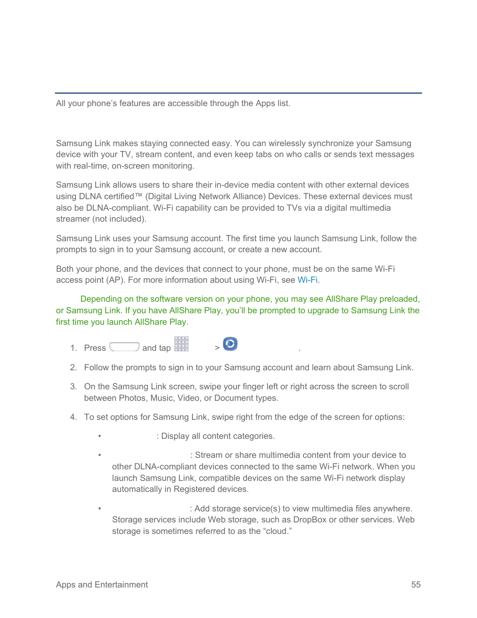 Apps and entertainment, Samsung link | Samsung SPH-L710RWPSPR User Manual | Page 66 / 157