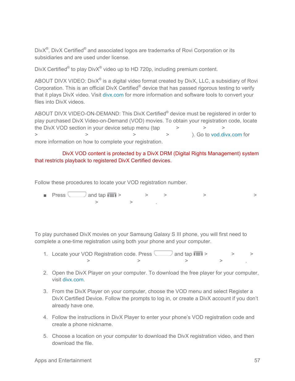 Divx, Locating your vod registration number | Samsung SPH-L710RWPSPR User Manual | Page 68 / 157