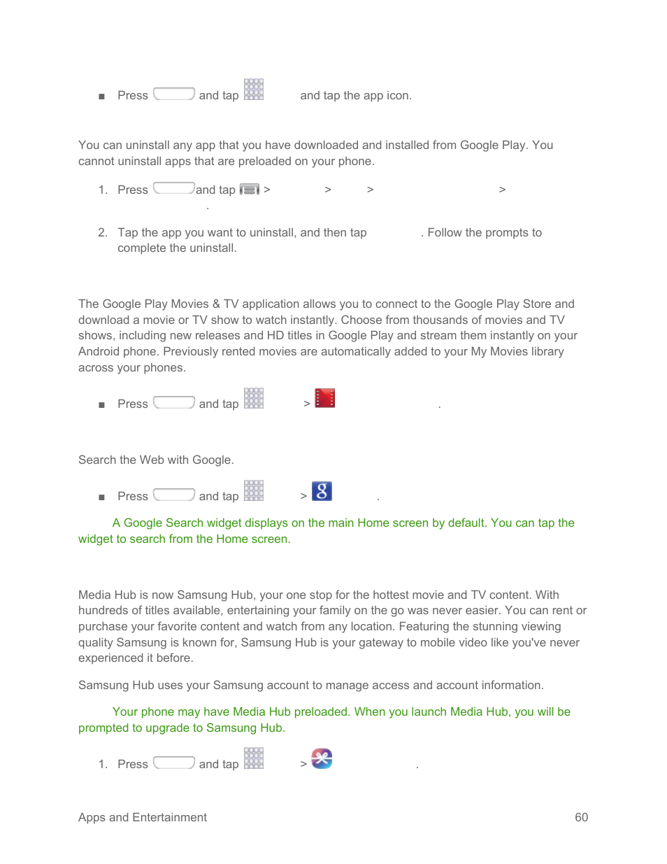 Uninstall an app, Google play movies & tv, Google search | Media hub/samsung hub | Samsung SPH-L710RWPSPR User Manual | Page 71 / 157